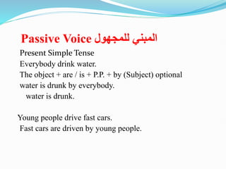 Passive Voice ‫للمجهول‬ ‫المبني‬
Present Simple Tense
Everybody drink water.
The object + are / is + P.P. + by (Subject) optional
water is drunk by everybody.
water is drunk.
Young people drive fast cars.
Fast cars are driven by young people.
 