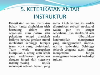 5. KETERIKATAN ANTAR
             INSTRUKTUR
Keterikatan antara instruktur   sama. Oleh karena itu sudah
bukan hanya disebabkan oleh     dibutuhkan sebuah struktural
bernaung       dalam     satu   walau    pun     itu    sangat
organisasi atau dalam satu      sederhana. Jika struktural ada
pekerjaan tetapi alangkah       maka               dibutuhkan
baiknya berupa gerakan moral    keterampilan       managemen
intelektual sehingga tercipta   yang menggunakan norma-
team work yang profesional.     norma leadership. Sehingga
Team      work     merupakan    seluruh anggota team harus
kumpulan 2 orang atau lebih     mengetahui              fungsi
yang melakukan pekerjaan        managemen tersebut terhadap
dengan fungsi dan tugasnya      tujuan.
masing-masing          untuk
mencapai sebuah tujuan yang
 