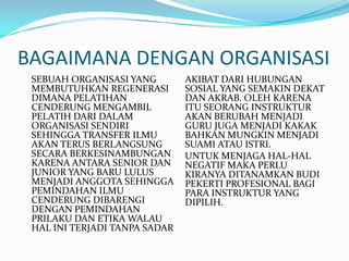 BAGAIMANA DENGAN ORGANISASI
 SEBUAH ORGANISASI YANG        AKIBAT DARI HUBUNGAN
 MEMBUTUHKAN REGENERASI        SOSIAL YANG SEMAKIN DEKAT
 DIMANA PELATIHAN              DAN AKRAB. OLEH KARENA
 CENDERUNG MENGAMBIL           ITU SEORANG INSTRUKTUR
 PELATIH DARI DALAM            AKAN BERUBAH MENJADI
 ORGANISASI SENDIRI            GURU JUGA MENJADI KAKAK
 SEHINGGA TRANSFER ILMU        BAHKAN MUNGKIN MENJADI
 AKAN TERUS BERLANGSUNG        SUAMI ATAU ISTRI.
 SECARA BERKESINAMBUNGAN       UNTUK MENJAGA HAL-HAL
 KARENA ANTARA SENIOR DAN      NEGATIF MAKA PERLU
 JUNIOR YANG BARU LULUS        KIRANYA DITANAMKAN BUDI
 MENJADI ANGGOTA SEHINGGA      PEKERTI PROFESIONAL BAGI
 PEMINDAHAN ILMU               PARA INSTRUKTUR YANG
 CENDERUNG DIBARENGI           DIPILIH.
 DENGAN PEMINDAHAN
 PRILAKU DAN ETIKA WALAU
 HAL INI TERJADI TANPA SADAR
 