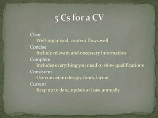 Clear 
Well-organized, content flows well 
Concise 
Include relevant and necessary information 
Complete 
Includes everything you need to show qualifications 
Consistent 
Use consistent design, fonts, layout 
Current 
Keep up to date, update at least annually 
 
