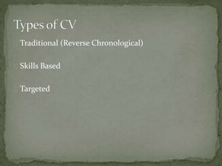 Traditional (Reverse Chronological) 
Skills Based 
Targeted 
 
