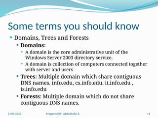 01/01/2025 Prepared BY: Abdulhafiz A. 11
Some terms you should know
 Domains, Trees and Forests
 Domains:
 A domain is the core administrative unit of the
Windows Server 2003 directory service.
 A domain is collection of computers connected together
with server and users
 Trees: Multiple domain which share contiguous
DNS names. info.edu, cs.info.edu, it.info.edu ,
is.info.edu
 Forests: Multiple domain which do not share
contiguous DNS names.
 