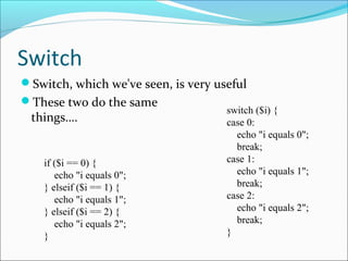 Switch
Switch, which we've seen, is very useful
These two do the same
things….
if ($i == 0) {
echo "i equals 0";
} elseif ($i == 1) {
echo "i equals 1";
} elseif ($i == 2) {
echo "i equals 2";
}
switch ($i) {
case 0:
echo "i equals 0";
break;
case 1:
echo "i equals 1";
break;
case 2:
echo "i equals 2";
break;
}
 