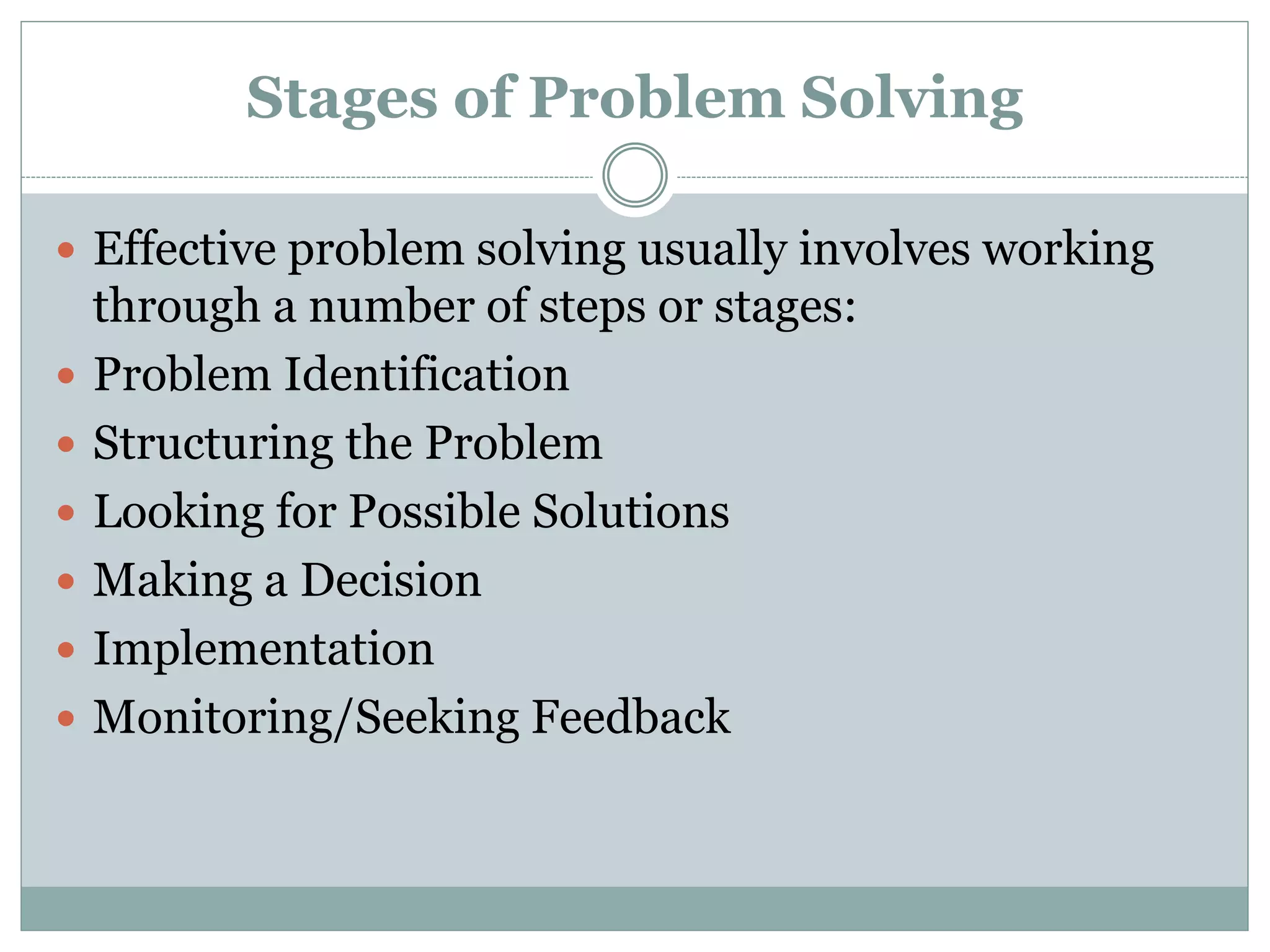 Stages of Problem Solving
 Effective problem solving usually involves working
through a number of steps or stages:
 Problem Identification
 Structuring the Problem
 Looking for Possible Solutions
 Making a Decision
 Implementation
 Monitoring/Seeking Feedback
 