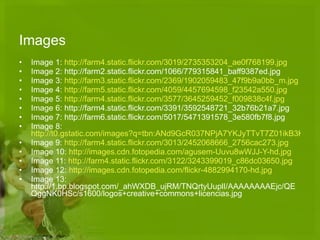 Images Image 1:  http://farm4.static.flickr.com/3019/2735353204_ae0f768199.jpg Image 2: http://farm2.static.flickr.com/1066/779315841_baff9387ed.jpg Image 3:  http://farm3.static.flickr.com/2369/1902059483_47f9b9a0bb_m.jpg Image 4:  http://farm5.static.flickr.com/4059/4457694598_f23542a550.jpg Image 5:  http://farm4.static.flickr.com/3577/3645259452_f009838c4f.jpg Image 6: http://farm4.static.flickr.com/3391/3592548721_32b76b21a7.jpg Image 7: http://farm6.static.flickr.com/5017/5471391578_3e580fb7f8.jpg Image 8:  http://t0.gstatic.com/images?q=tbn:ANd9GcR037NPjA7YKJyTTvT7Z01ikB3K-VpDttE6wqFUqjnALOLey1Sb Image 9:  http://farm4.static.flickr.com/3013/2452068666_2756cac273.jpg Image 10:  http://images.cdn.fotopedia.com/agusem-Uuvu8wWJJ-Y-hd.jpg Image 11:  http://farm4.static.flickr.com/3122/3243399019_c86dc03650.jpg Image 12:  http://images.cdn.fotopedia.com/flickr-4882994170-hd.jpg Image 13: http://1.bp.blogspot.com/_ahWXDB_ujRM/TNQrtyUuplI/AAAAAAAAEjc/QEQggNK0HSc/s1600/logos+creative+commons+licencias.jpg 