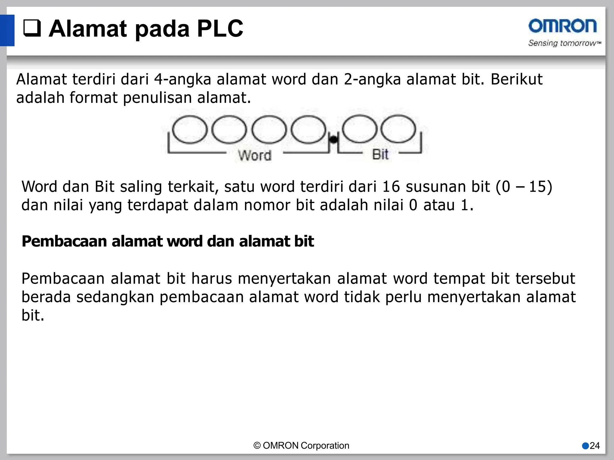  Alamat pada PLC
Alamat terdiri dari 4-angka alamat word dan 2-angka alamat bit. Berikut
adalah format penulisan alamat.
Word dan Bit saling terkait, satu word terdiri dari 16 susunan bit (0 – 15)
dan nilai yang terdapat dalam nomor bit adalah nilai 0 atau 1.
Pembacaan alamat word dan alamat bit
Pembacaan alamat bit harus menyertakan alamat word tempat bit tersebut
berada sedangkan pembacaan alamat word tidak perlu menyertakan alamat
bit.
© OMRON Corporation ●24
 
