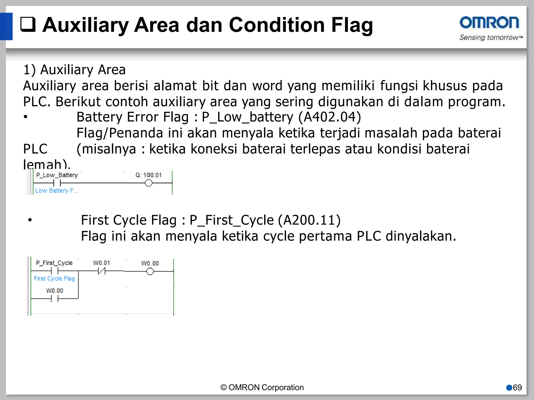  Auxiliary Area dan Condition Flag
1) Auxiliary Area
Auxiliary area berisi alamat bit dan word yang memiliki fungsi khusus pada
PLC. Berikut contoh auxiliary area yang sering digunakan di dalam program.
• Battery Error Flag : P_Low_battery (A402.04)
Flag/Penanda ini akan menyala ketika terjadi masalah pada baterai
(misalnya : ketika koneksi baterai terlepas atau kondisi baterai
PLC
lemah).
•
© OMRON Corporation ●69
First Cycle Flag : P_First_Cycle (A200.11)
Flag ini akan menyala ketika cycle pertama PLC dinyalakan.
 
