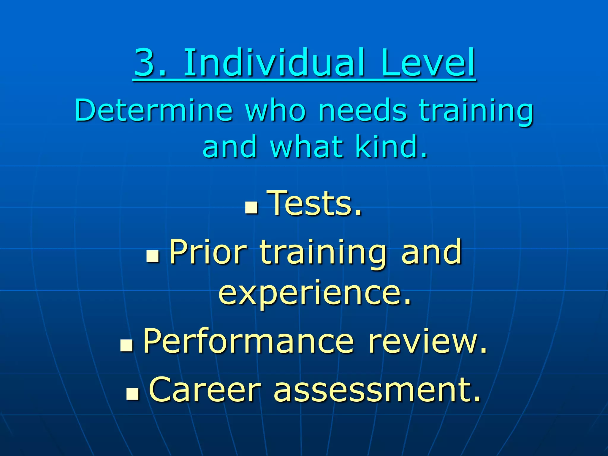 3. Individual Level
Determine who needs training
and what kind.
 Tests.
 Prior training and
experience.
 Performance review.
 Career assessment.
 