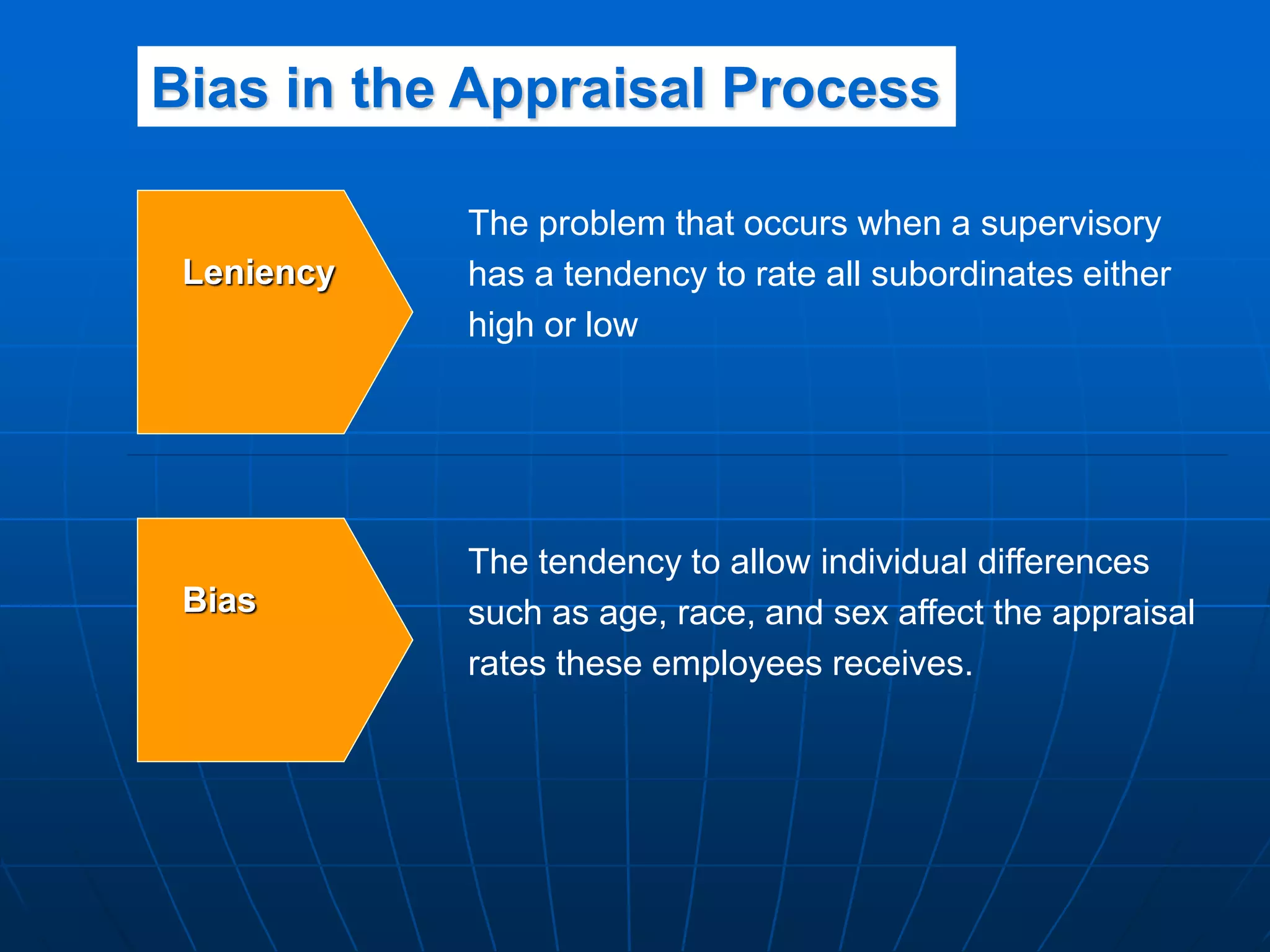 Leniency
The problem that occurs when a supervisory
has a tendency to rate all subordinates either
high or low
Bias
The tendency to allow individual differences
such as age, race, and sex affect the appraisal
rates these employees receives.
Bias in the Appraisal Process
 