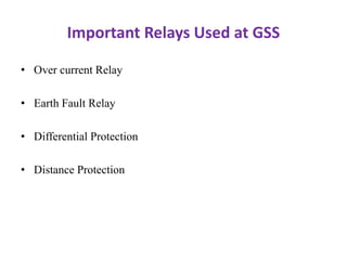 Important Relays Used at GSS
• Over current Relay
• Earth Fault Relay
• Differential Protection
• Distance Protection
 