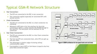 Typical GSM-R Network Structure
 Star Connection-
 The BTS are connected to the BSC in star connection
 This connection applies especially for sectorised BTS with
several carriers
 Chain Connection-
 The BTS are connected to the BSC in a chain connection via
multidrop.
 Whenever a BTS fails or thr link interface for the A-bis
connection is defect, a relias switches the PCM30 through to
the next BTS. The switchover will be seamless for the
connection
 Star Chain Connection-
 The BTS are connected to the BSC in a Star Chain connection
via multidrop.
 The first two BTS are connected chain, after BTS we split up
into star chain.
 The advantage is a better usage of existing railway
communication cables.
 Functionality in case of BTS or link failure is equal to the first
prescribed connection types.
 