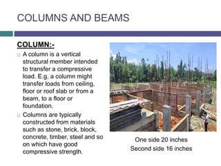 COLUMNS AND BEAMS
COLUMN:-
 A column is a vertical
structural member intended
to transfer a compressive
load. E.g, a column might
transfer loads from ceiling,
floor or roof slab or from a
beam, to a floor or
foundation.
 Columns are typically
constructed from materials
such as stone, brick, block,
concrete, timber, steel and so
on which have good
compressive strength.
One side 20 inches
Second side 16 inches
 