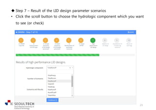 u Step 7 – Result of the LID design parameter scenarios
• Click the scroll button to choose the hydrologic component which you want
to see (or check)
23
 