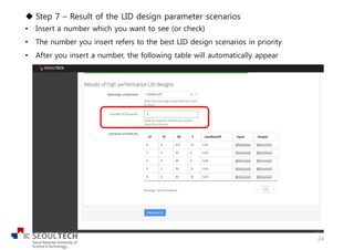 u Step 7 – Result of the LID design parameter scenarios
• Insert a number which you want to see (or check)
• The number you insert refers to the best LID design scenarios in priority
• After you insert a number, the following table will automatically appear
24
 