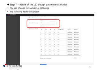 u Step 7 – Result of the LID design parameter scenarios
• You can change the number of scenarios
• the following table will appear
25
 