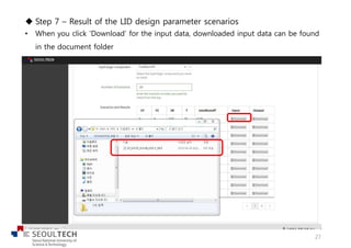 u Step 7 – Result of the LID design parameter scenarios
• When you click ‘Download’ for the input data, downloaded input data can be found
in the document folder
27
 