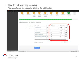 u Step 9 – LID planning scenarios
• You can change the values by clicking the edit button
32
 