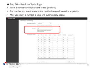 u Step 10 – Results of hydrology
• Insert a number which you want to see (or check)
• The number you insert refers to the best hydrological scenarios in priority
• After you insert a number, a table will automatically appear
38
 
