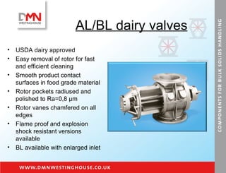 AL/BL dairy valves USDA dairy approved Easy removal of rotor for fast and efficient cleaning Smooth product contact surfaces in food grade material Rotor pockets radiused and polished to Ra=0,8  μm Rotor vanes chamfered on all edges Flame proof and explosion shock resistant versions available BL available with enlarged inlet 