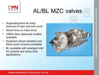 AL/BL MZC valves Supporting bars for easy removal of rotor and end cover Direct drive or chain drive USDA dairy approved models available Explosion shock resistant and flame proof versions available BL available with enlarged inlet for cyclone and spray drier applications 