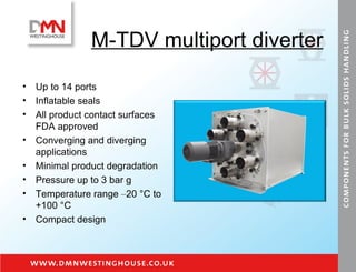 M-TDV multiport diverter Up to 14 ports Inflatable seals All product contact surfaces FDA approved Converging and diverging applications Minimal product degradation Pressure up to 3 bar g Temperature range  – 20 °C to  +100 °C Compact design 