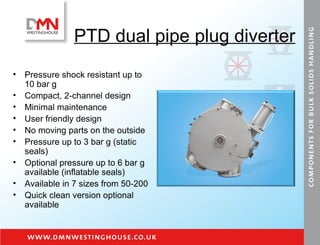 PTD dual pipe plug diverter Pressure shock resistant up to 10 bar g Compact, 2-channel design Minimal maintenance User friendly design No moving parts on the outside Pressure up to 3 bar g (static seals)  Optional pressure up to 6 bar g available (inflatable seals) Available in 7 sizes from 50-200 Quick clean version optional available 