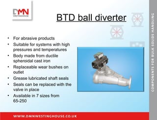 BTD ball diverter For abrasive products Suitable for systems with high pressures and temperatures Body made from ductile spheroidal cast iron Replaceable wear bushes on outlet Grease lubricated shaft seals Seals can be replaced with the valve in place Available in 7 sizes from 65-250 