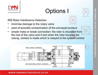 Options I RID Rotor Interference Detection minimise damage to the rotary valve  warn of possible contamination of the conveyed product  simple make or break connection: the rotor is insulated from the rest of the valve and if and when the rotor touches the casing, contact is made which is relayed to the system control  