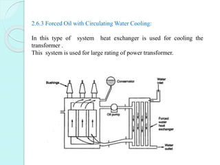 2.6.3 Forced Oil with Circulating Water Cooling:
In this type of system heat exchanger is used for cooling the
transformer...