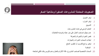 ‫المحتملة‬ ‫الصعوبات‬‫الصغر‬ ‫ومتناهية‬ ‫الصغيرة‬ ‫للمشروعات‬
.1‫توفر‬‫التمويل‬
.2‫الموارد‬ ‫توفر‬
.3‫التسويق‬
.4‫المشروعات‬ ‫إنشاء‬ ‫فى‬ ‫الزمني‬ ‫العامل‬
.5‫للمفاجآت‬ ‫وتعرضه‬ ‫عمله‬ ‫نمو‬ ‫على‬ ‫العمل‬ ‫صاحب‬ ‫سيطرة‬ ‫عدم‬
.6‫والمعرفة‬ ‫والتجربة‬ ‫الخبرة‬ ‫نقص‬
.7‫والمهارات‬ ‫الخبرات‬ ‫أصحاب‬ ‫اجتذاب‬
.8‫المنتج‬ ‫لتطوير‬ ‫أو‬ ‫للتدريب‬ ‫برامج‬ ‫توفير‬
.9‫المنافسة‬
.10‫المشروع‬ ‫لصاحب‬ ‫الشخصية‬ ‫السمات‬-‫لمتابعته‬ ‫كافي‬ ‫وقت‬ ‫تكريس‬ ‫وعدم‬ ‫بالعمل‬ ‫االلتزام‬ ‫قلة‬
 