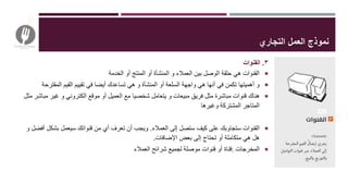 ‫التجاري‬ ‫العمل‬ ‫نموذج‬
٣.‫القنوات‬
‫الخدمة‬ ‫أو‬ ‫المنتج‬ ‫أو‬ ‫المنشأة‬ ‫و‬ ‫العمالء‬ ‫بين‬ ‫الوصل‬ ‫حلقة‬ ‫هي‬ ‫القنوات‬
‫المقتر‬ ‫القيم‬ ‫تقييم‬ ‫في‬ ‫أيضا‬ ‫تساعدك‬ ‫هي‬ ‫و‬ ‫المنشأة‬ ‫أو‬ ‫السلعة‬ ‫واجهة‬ ‫هي‬ ‫أنها‬ ‫في‬ ‫تكمن‬ ‫أهميتها‬ ‫و‬‫حة‬
‫م‬ ‫غير‬ ‫و‬ ‫الكتروني‬ ‫موقع‬ ‫أو‬ ‫العميل‬ ‫مع‬ ‫شخصيا‬ ‫يتعامل‬ ‫و‬ ‫مبيعات‬ ‫فريق‬ ‫مثل‬ ‫مباشرة‬ ‫قنوات‬ ‫هناك‬‫مثل‬ ‫باشر‬
‫وغيرها‬ ‫المشتركة‬ ‫المتاجر‬
‫العمالء‬ ‫إلى‬ ‫ستصل‬ ‫كيف‬ ‫على‬ ‫ستجاوبك‬ ‫القنوات‬.‫بشك‬ ‫سيعمل‬ ‫قنواتك‬ ‫من‬ ‫أي‬ ‫تعرف‬ ‫أن‬ ‫ويجب‬‫و‬ ‫أفضل‬ ‫ل‬
‫اإلضافات‬ ‫بعض‬ ‫إلى‬ ‫تحتاج‬ ‫أو‬ ‫متكاملة‬ ‫هي‬ ‫هل‬.
‫المخرجات‬:‫العمالء‬ ‫شرائح‬ ‫لجميع‬ ‫موصلة‬ ‫قنوات‬ ‫أو‬ ‫قناة‬
 