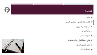 ‫األجندة‬
‫تعارف‬
‫الصغر‬ ‫ومتناهية‬ ‫الصغيرة‬ ‫المشروعات‬
‫التجاري‬ ‫العمل‬ ‫نموذج‬
‫جدوى‬ ‫دراسة‬
‫االزمة‬ ‫اإلجراءات‬
‫الصغيرة‬ ‫للمشروعات‬ ‫ناجحة‬ ‫نماذج‬
‫الغذائي‬ ‫التصنيع‬ ‫عملية‬
‫والتغليف‬ ‫التعبئة‬
 