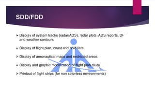 SDD/FDD
 Display of system tracks (radar/ADS), radar plots, ADS reports, DF
and weather contours
 Display of flight plan, coast and hold lists
 Display of aeronautical maps and restricted areas
 Display and graphic modification of flight plan route
 Printout of flight strips (for non strip-less environments)
 