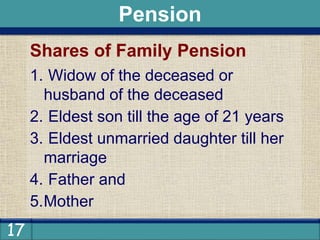 17
Shares of Family Pension
1. Widow of the deceased or
husband of the deceased
2. Eldest son till the age of 21 years
3. Eldest unmarried daughter till her
marriage
4. Father and
5.Mother
Pension
 