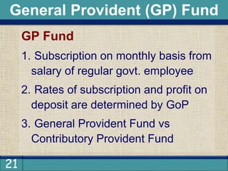 21
GP Fund
1. Subscription on monthly basis from
salary of regular govt. employee
2. Rates of subscription and profit on
deposit are determined by GoP
3. General Provident Fund vs
Contributory Provident Fund
General Provident (GP) Fund
 