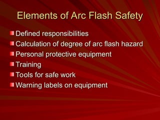 Elements of Arc Flash Safety
Elements of Arc Flash Safety
Defined responsibilities
Defined responsibilities
Calculation of degree of arc flash hazard
Calculation of degree of arc flash hazard
Personal protective equipment
Personal protective equipment
Training
Training
Tools for safe work
Tools for safe work
Warning labels on equipment
Warning labels on equipment
 