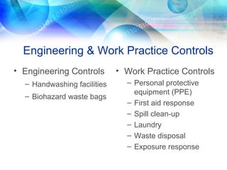 Engineering & Work Practice Controls
• Engineering Controls
– Handwashing facilities
– Biohazard waste bags
• Work Practice Controls
– Personal protective
equipment (PPE)
– First aid response
– Spill clean-up
– Laundry
– Waste disposal
– Exposure response
 