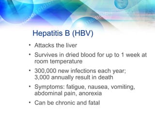 Hepatitis B (HBV)
• Attacks the liver
• Survives in dried blood for up to 1 week at
room temperature
• 300,000 new infections each year;
3,000 annually result in death
• Symptoms: fatigue, nausea, vomiting,
abdominal pain, anorexia
• Can be chronic and fatal
 