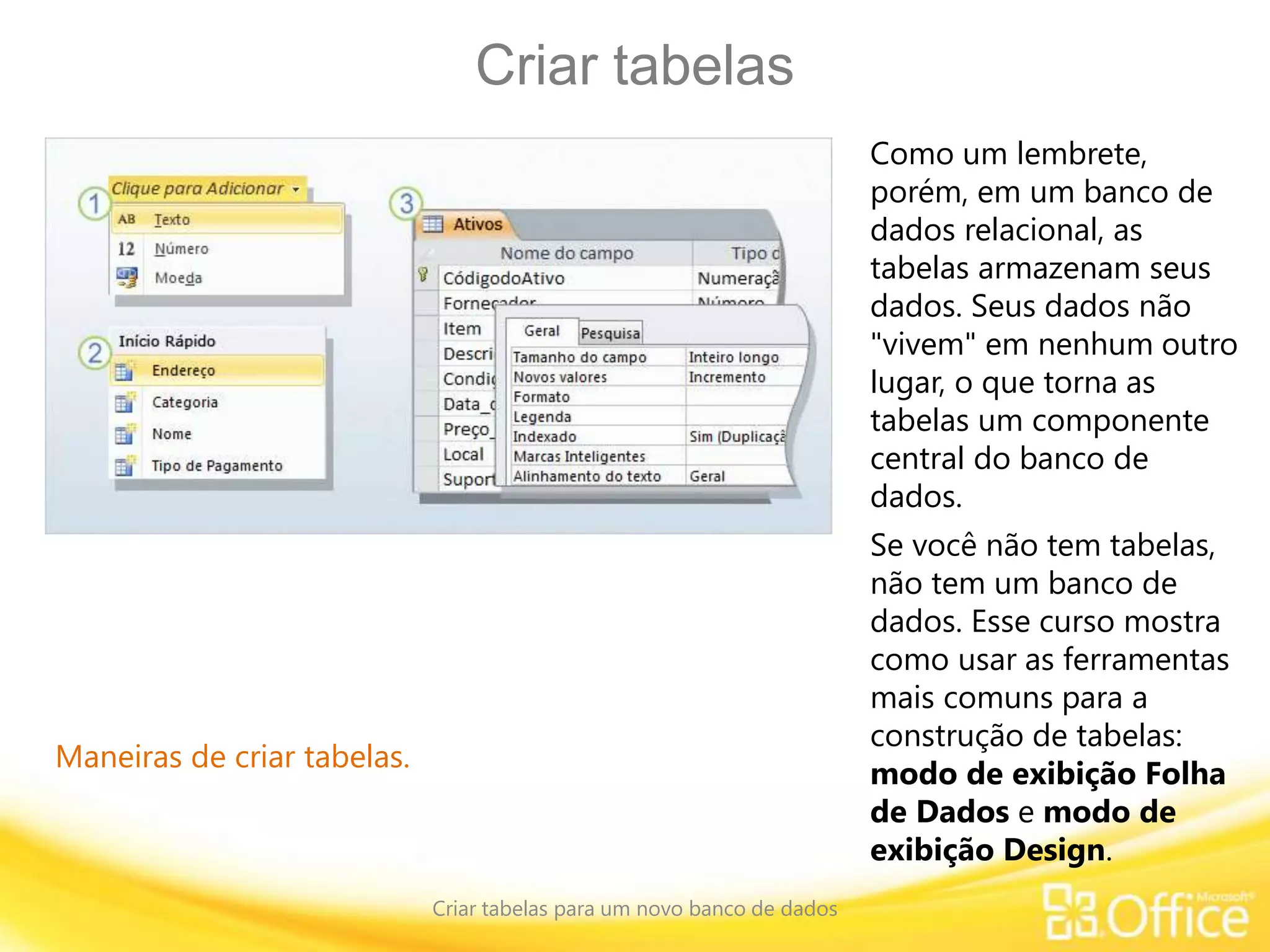 Criar tabelas
Criar tabelas para um novo banco de dados
Maneiras de criar tabelas.
Como um lembrete,
porém, em um banco de
dados relacional, as
tabelas armazenam seus
dados. Seus dados não
"vivem" em nenhum outro
lugar, o que torna as
tabelas um componente
central do banco de
dados.
Se você não tem tabelas,
não tem um banco de
dados. Esse curso mostra
como usar as ferramentas
mais comuns para a
construção de tabelas:
modo de exibição Folha
de Dados e modo de
exibição Design.
 
