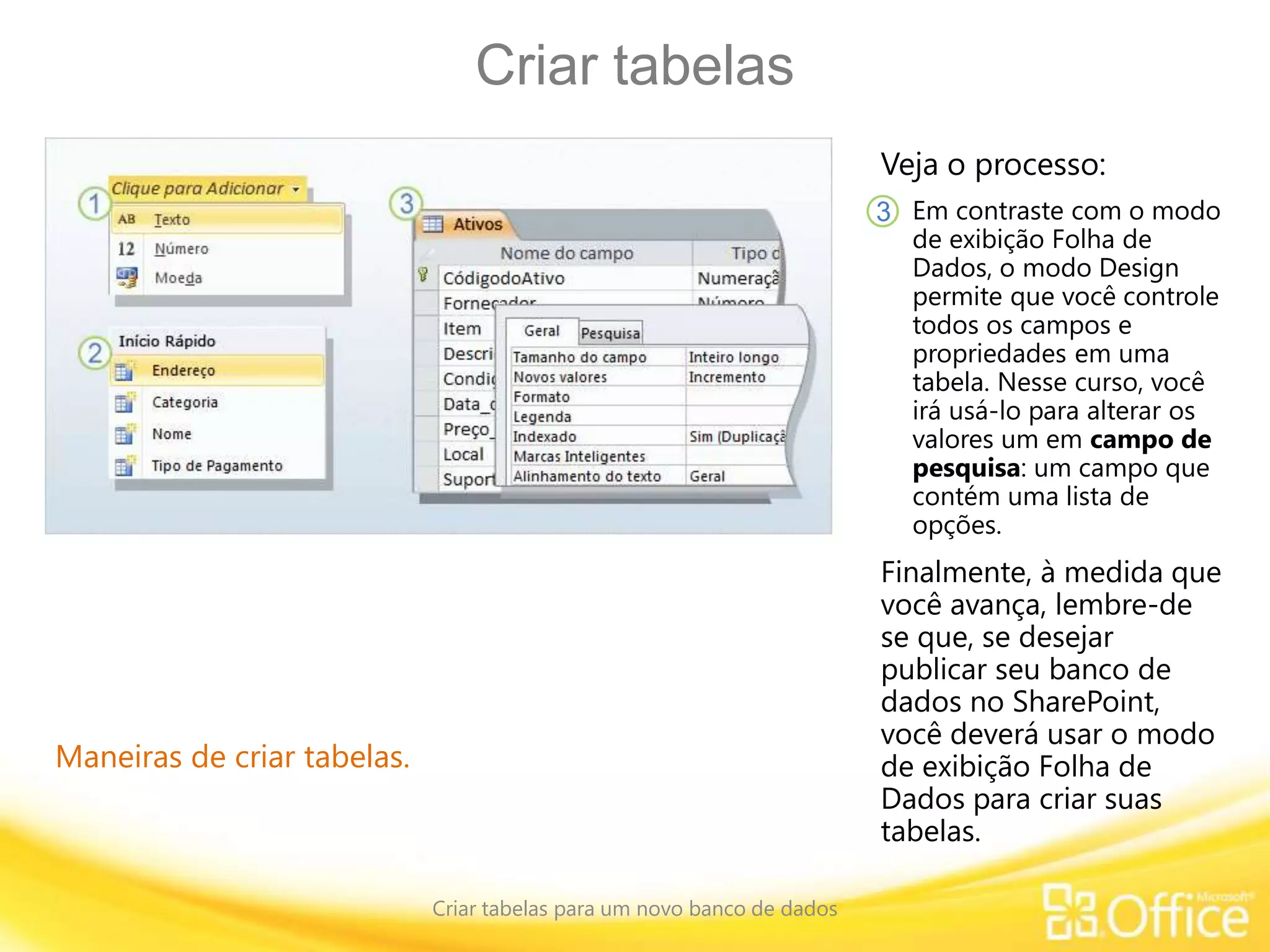 Criar tabelas
Criar tabelas para um novo banco de dados
Maneiras de criar tabelas.
Veja o processo:
Em contraste com o modo
de exibição Folha de
Dados, o modo Design
permite que você controle
todos os campos e
propriedades em uma
tabela. Nesse curso, você
irá usá-lo para alterar os
valores um em campo de
pesquisa: um campo que
contém uma lista de
opções.
3
Finalmente, à medida que
você avança, lembre-de
se que, se desejar
publicar seu banco de
dados no SharePoint,
você deverá usar o modo
de exibição Folha de
Dados para criar suas
tabelas.
 