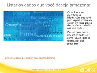 Listar os dados que você deseja armazenar
Projetar tabelas para um novo banco de dados
Todos os dados que cabem no armazenamento.
Outra forma de
identificar as
informações que você
precisa para armazenar
é criar um fluxograma
das tarefas associadas
aos seus dados.
Por exemplo, quem
inserirá os dados, e
como? Quais tipos de
formulários eles
precisam?
 