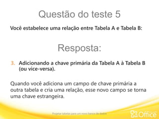 Questão do teste 5
Projetar tabelas para um novo banco de dados
Quando você adiciona um campo de chave primária a
outra tabela e cria uma relação, esse novo campo se torna
uma chave estrangeira.
Você estabelece uma relação entre Tabela A e Tabela B:
Resposta:
3. Adicionando a chave primária da Tabela A à Tabela B
(ou vice-versa).
 