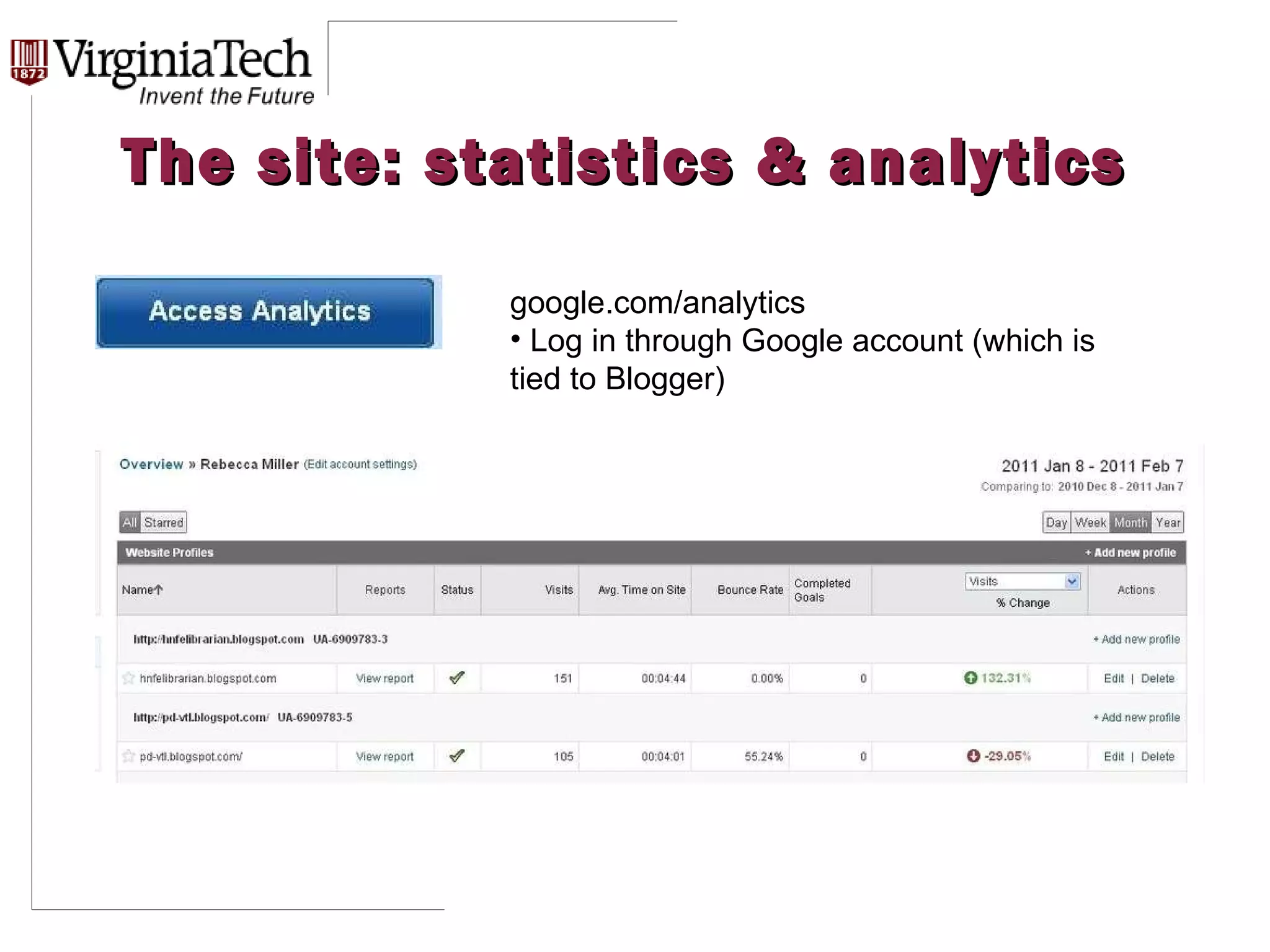 The site: statistics & analytics google.com/analytics Log in through Google account (which is tied to Blogger) 