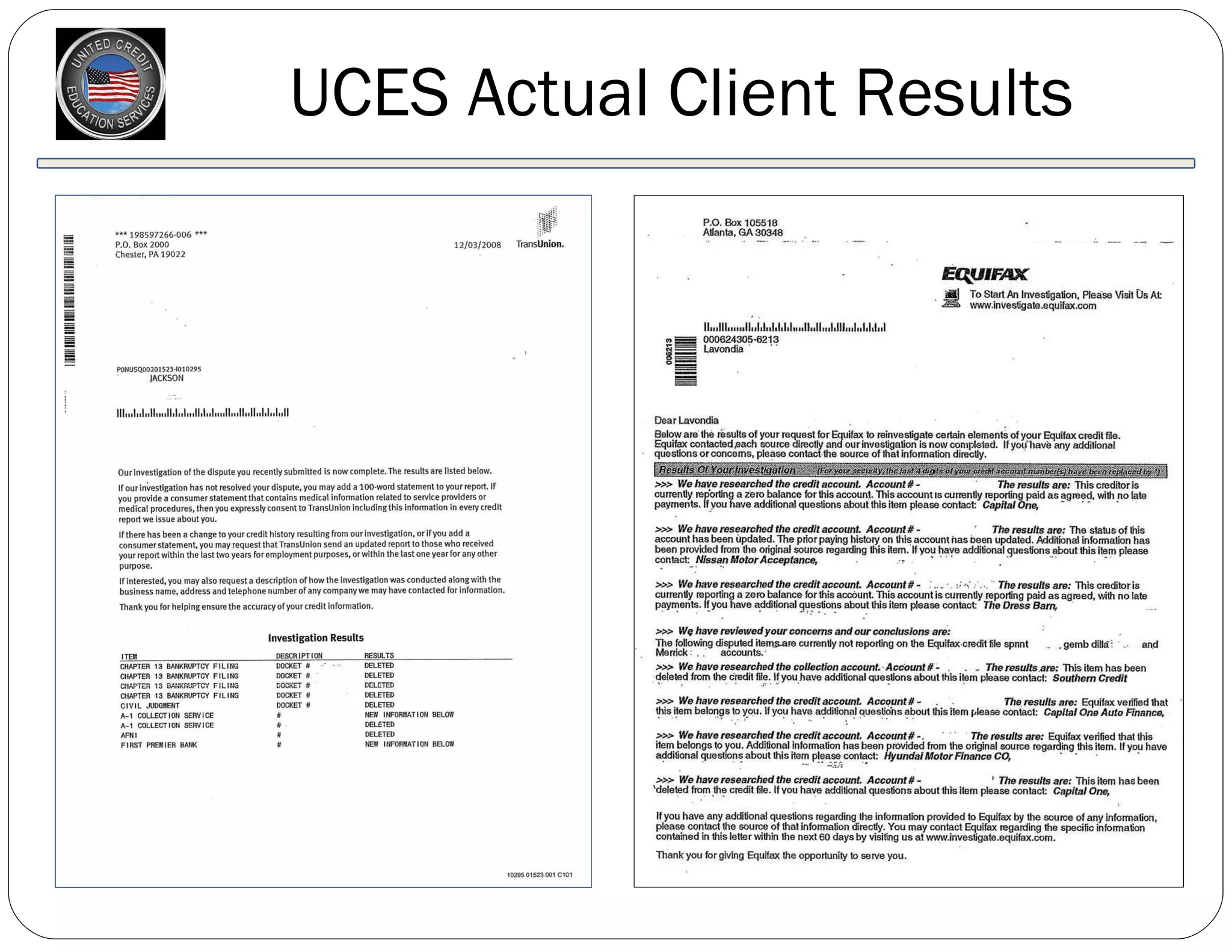 UCES Actual Client Results 