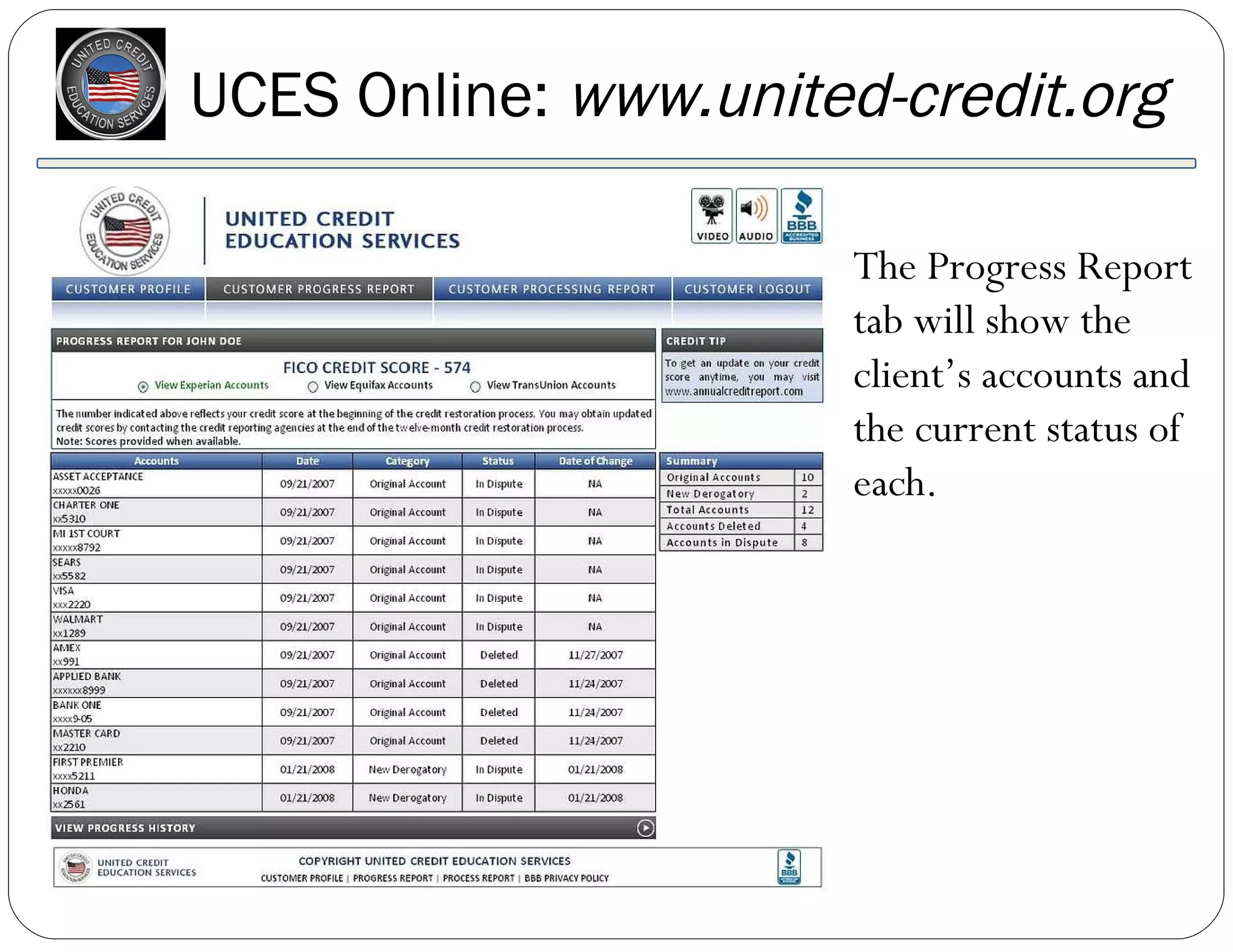 The Progress Report tab will show the client’s accounts and the current status of each. UCES Online:  www.united-credit.org 
