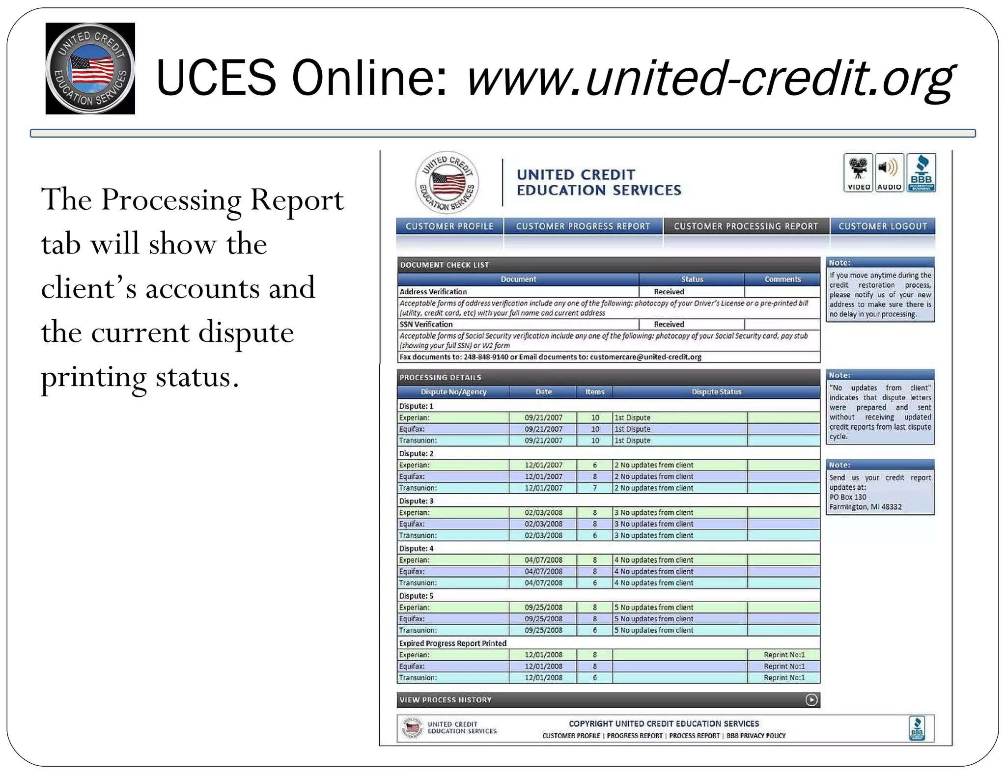 UCES Online:  www.united-credit.org The Processing Report tab will show the client’s accounts and the current dispute printing status. 