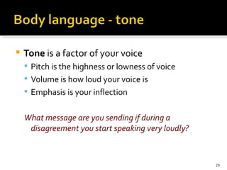 Tone  is a factor of your voice Pitch is the highness or lowness of voice Volume is how loud your voice is Emphasis is your inflection  What message are you sending if during a disagreement you start speaking very loudly? 