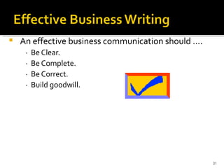 An effective business communication should …. ·  Be Clear.  ·  Be Complete.  ·  Be Correct.  ·  Build goodwill. 