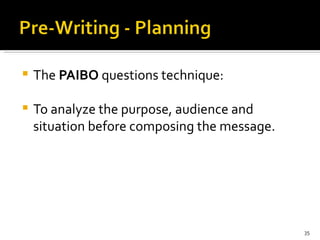 The  PAIBO  questions technique: To analyze the purpose, audience and situation before composing the message.   