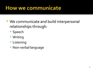 We communicate and build interpersonal relationships through: Speech  Writing Listening Non-verbal language 